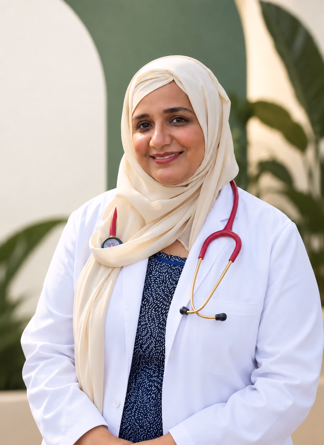 Dr Tooba Jahangir in a cream headscarf and white coat, with a stethoscope