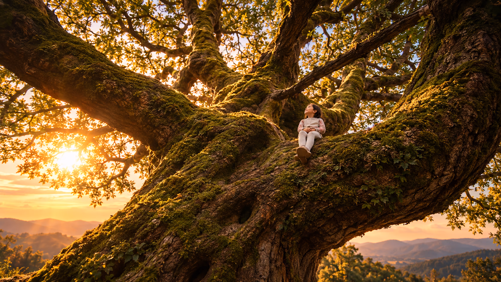 A girl sitting high in the branches of an old oak tree at golden hour