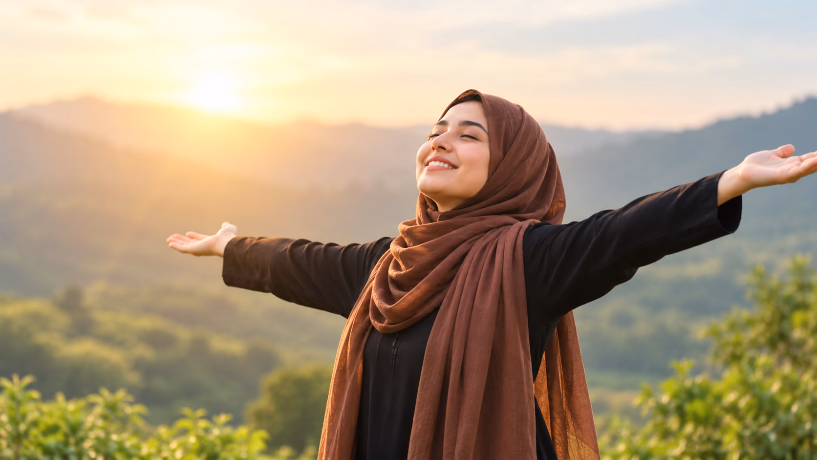 A smiling woman in a brown hijab with arms outstretched above hills at sunrise