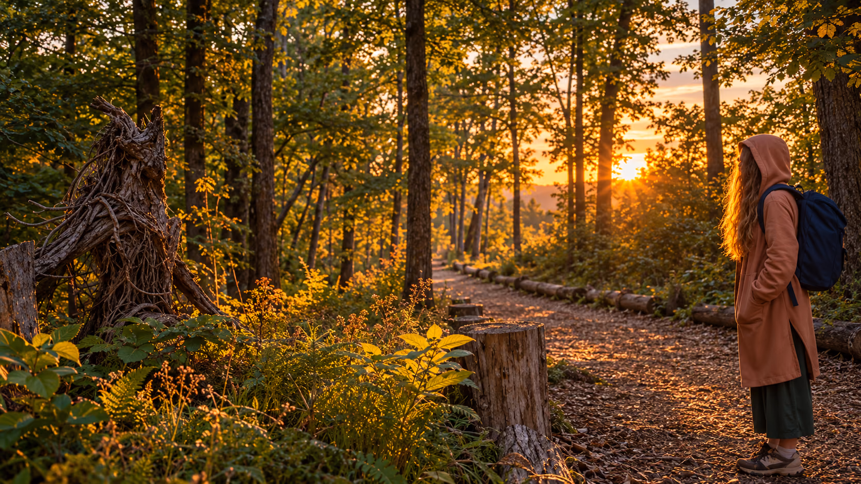 A woman with a backpack pausing on a forest trail in golden evening light